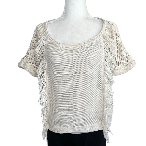 American Eagle Sweater Short Sleeve Crochet Fringe Ramie Cotton Cream Medium M - Picture 1 of 16